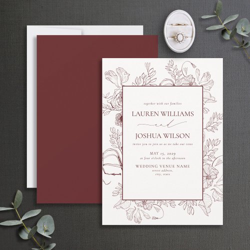 Elegant Burgundy Floral Line Art Wedding  Invitation