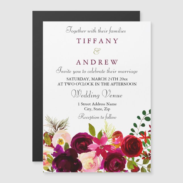 Elegant Burgundy Floral Magnetic Wedding Invite (Front/Back)