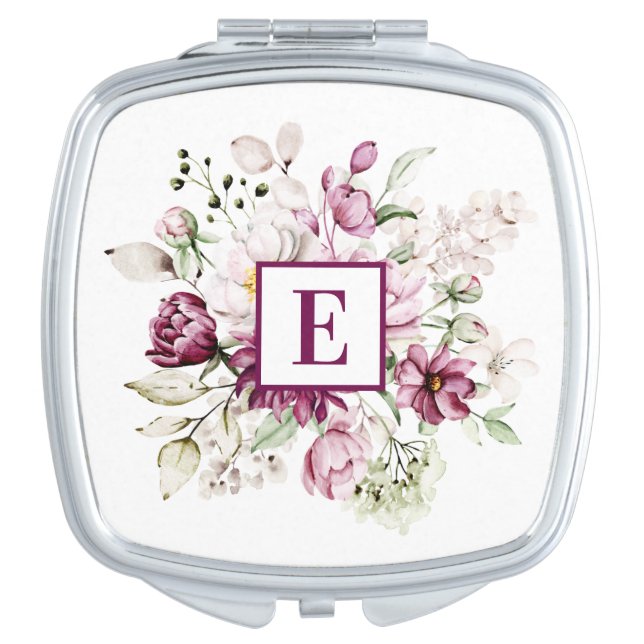 Elegant Burgundy Floral Monogram Compact Mirror (Front)