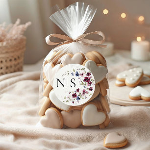 Elegant Burgundy Floral Monogram Initial Wedding Classic Round Sticker