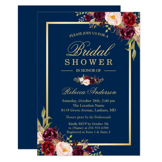 Elegant Burgundy Floral Navy Blue Bridal Shower Card (front side)