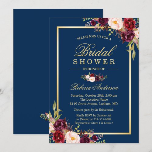 Elegant Burgundy Floral Navy Blue Bridal Shower Card