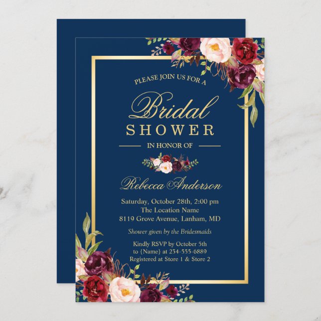Elegant Burgundy Floral Navy Blue Bridal Shower Invitation (Front/Back)