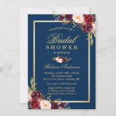 Elegant Burgundy Floral Navy Blue Bridal Shower Invitation (Front)