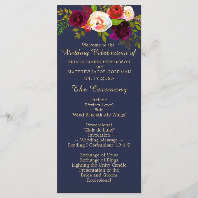 Elegant Burgundy Floral Navy Blue Gold Wedding Program (Front)