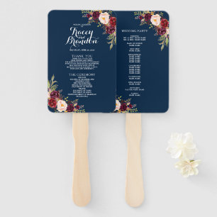 Elegant Burgundy Floral Navy Blue Wedding Program Hand Fan