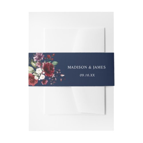 Elegant Burgundy Floral Navy Wedding Invitation Belly Band