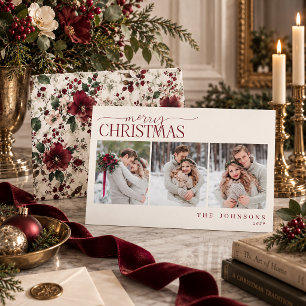 Elegant Burgundy Floral Newlywed Christmas Photo Holiday Card
