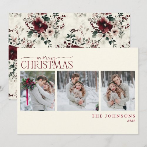 Elegant Burgundy Floral Newlywed Christmas Photo Holiday Card