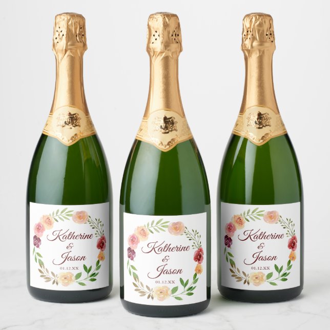 Elegant Burgundy Floral Peach Peony Wedding Sparkling Wine Label (Bottles)