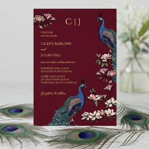Elegant Burgundy Floral Peacock Wedding Foil Invitation