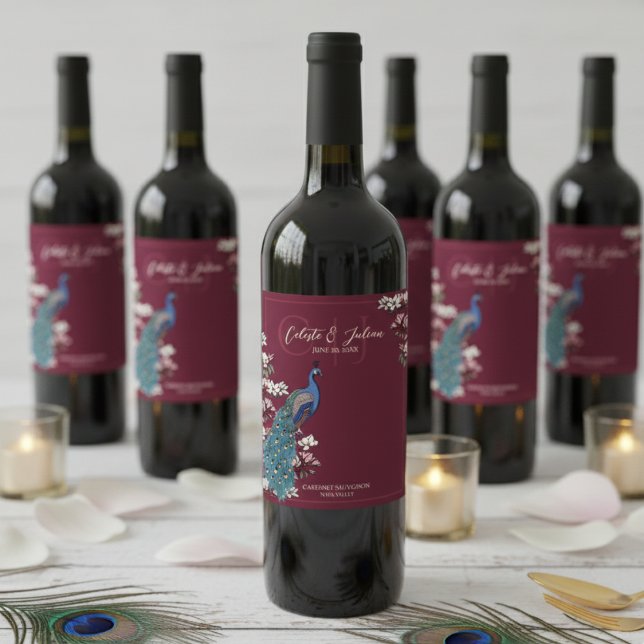 Elegant Burgundy Floral Peacock Wedding Wine Label (Elegant Deep Burgundy Floral Peacock Bridal Shower Wine Labels. Blue Bird & Teal Feathers, Monogram )