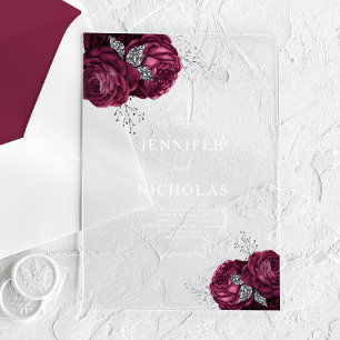 Elegant Burgundy Floral Peonies Wedding Acrylic Invitations