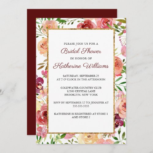 Elegant Burgundy Floral Peony Gold Bridal Shower Invitation