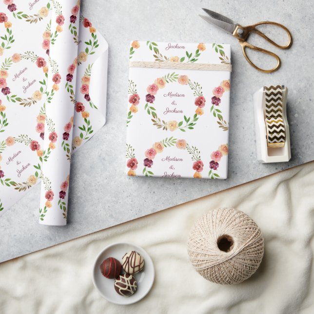 Elegant Burgundy Floral Peony Personalized Wedding Wrapping Paper (Crafts)