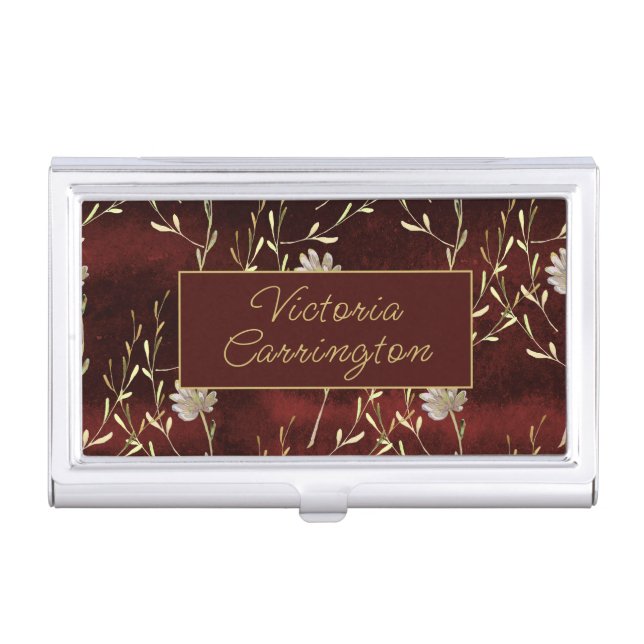 Elegant Burgundy Floral Personalized Business Card Case (Front)