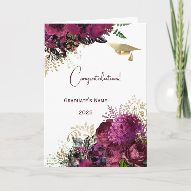 Elegant Burgundy Floral Personalized Graduation Card (Front)