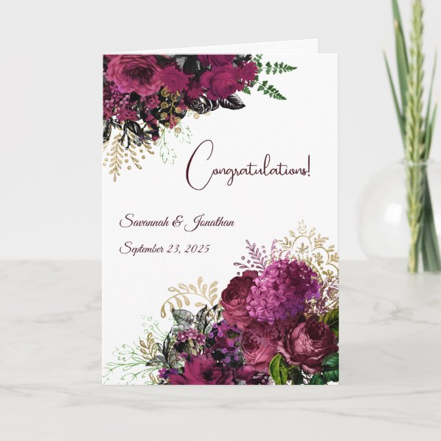 Elegant Burgundy Floral Personalized Wedding Card (Front)