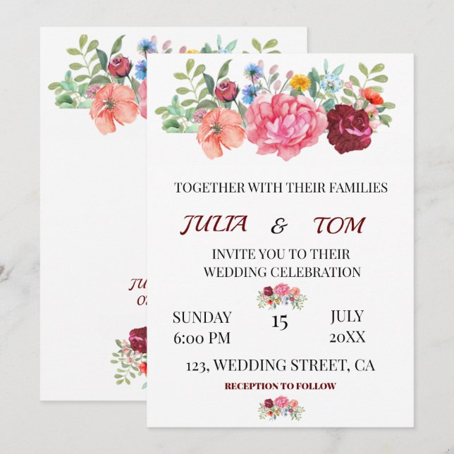 Elegant Burgundy Floral personalized Wedding Invitation (Front/Back)