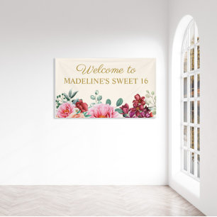Elegant Burgundy Floral Pink Peonies Sweet 16  Banner