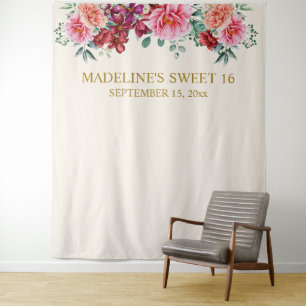 Elegant Burgundy Floral Pink Peonies Sweet 16   Tapestry