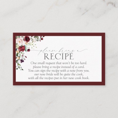 Elegant Burgundy Floral Please Bring A Recipe Enclosure Card