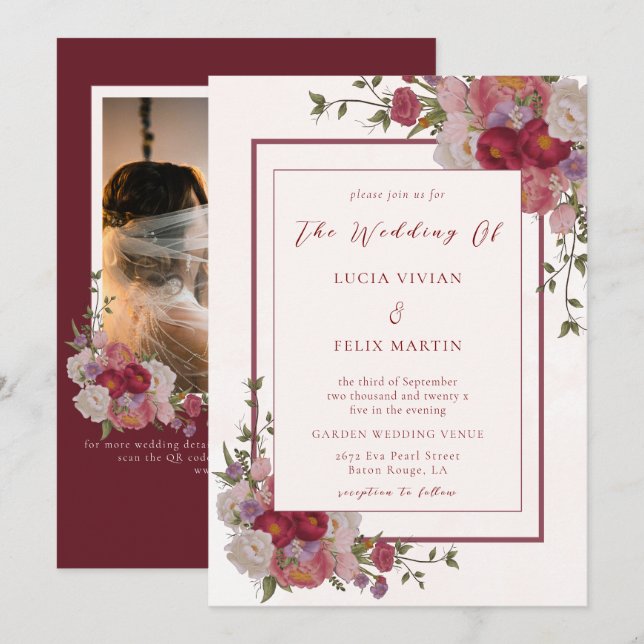 Elegant Burgundy Floral QR Code Photo Wedding Invitation (Front/Back)