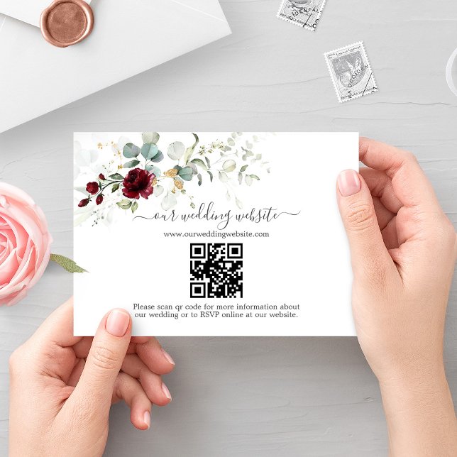 Elegant Burgundy Floral QR Code Wedding  Enclosure Card (Creator Uploaded)