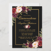Elegant Burgundy Floral Quinceanera Black Gold Invitation (Front)