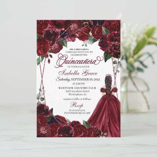 Elegant Burgundy Floral Quinceanera Invitation (Standing Front)