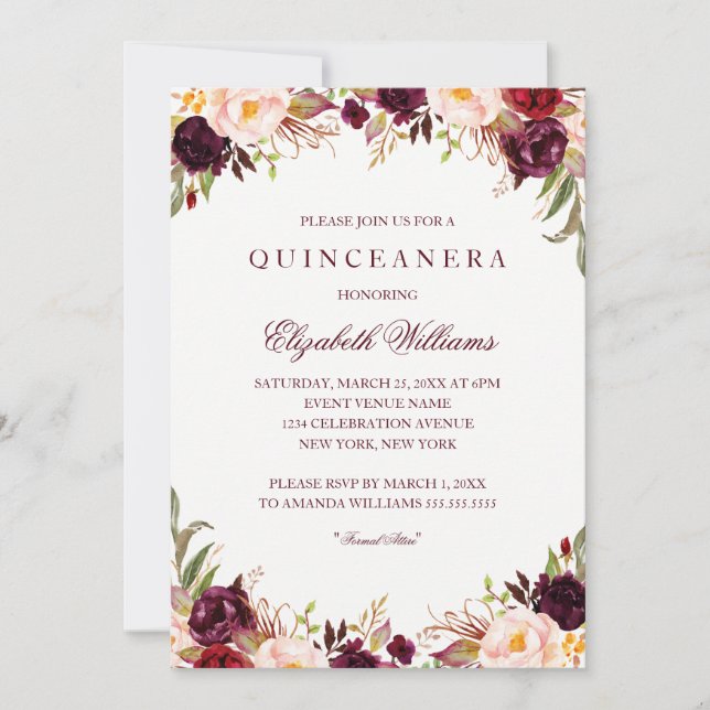 Elegant Burgundy Floral Quinceanera Invitation (Front)