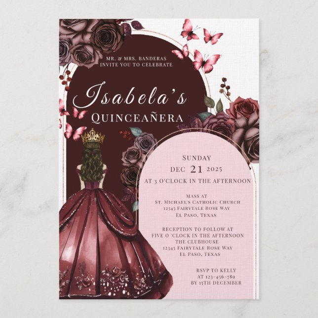 Elegant Burgundy Floral Quinceanera Invitation (Front)
