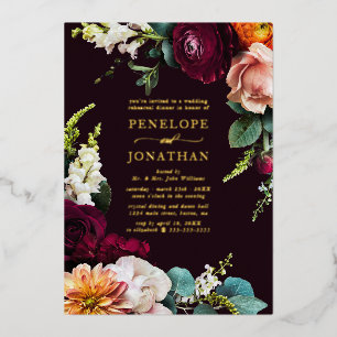 Elegant Burgundy Floral Rehearsal Dinner Gold Foil Invitation