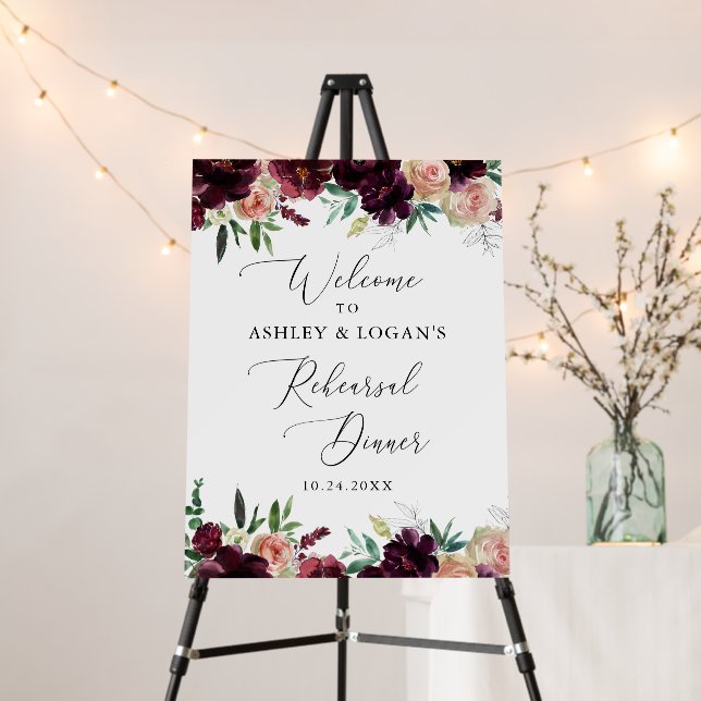 Elegant Burgundy Floral Rehearsal Dinner Welcome Foam Board (In Situ (Stand))