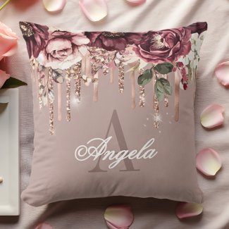 Elegant Burgundy Floral Rose Gold Drips Monogram