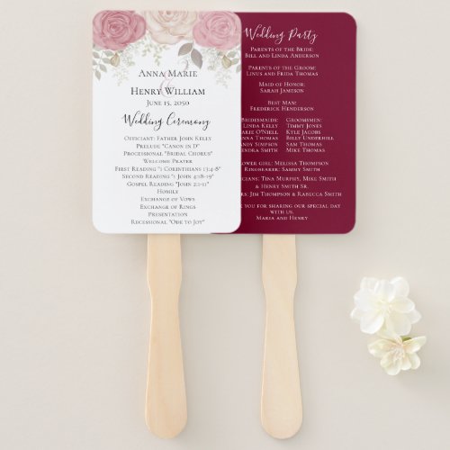 Elegant Burgundy Floral Rose Wedding Program  Hand Fan