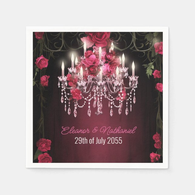 Elegant Burgundy Floral Roses Chandelier Wedding Napkins (Front)