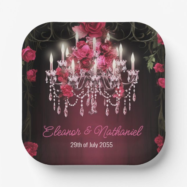 Elegant Burgundy Floral Roses Chandelier Wedding Paper Plates (Front)