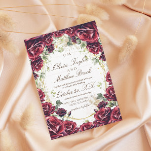 Elegant Burgundy Floral Roses Gold Wedding Invitation