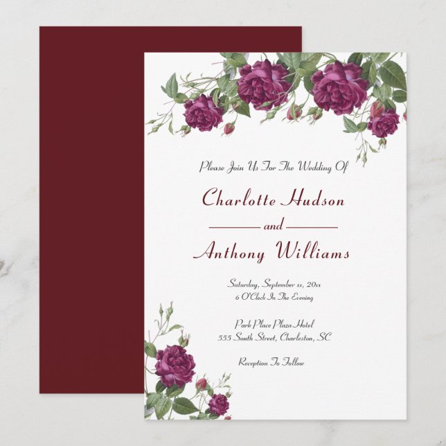 Elegant Burgundy Floral Roses Wedding Invitation (Front/Back)
