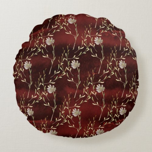 Elegant Burgundy Floral  Round Pillow