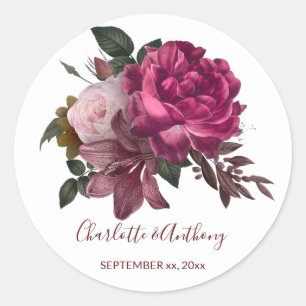 Elegant Burgundy Floral Round Wedding Sticker