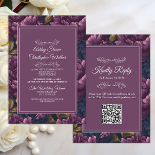 Elegant Burgundy Floral RSVP QR code Wedding Invitation