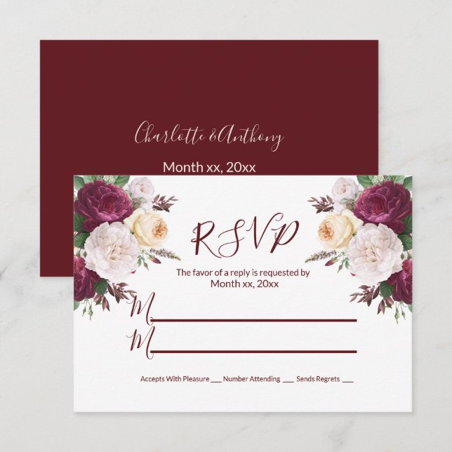 Elegant Burgundy Floral RSVP Response Card (Front/Back)