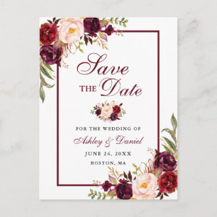 Elegant Burgundy Floral Save The Date Announcement Postcard