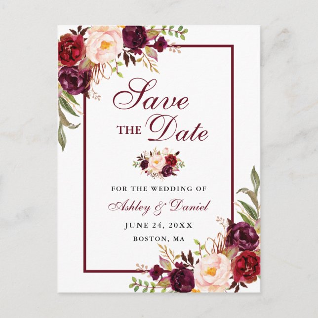 Elegant Burgundy Floral Save The Date Announcement Postcard (Front)