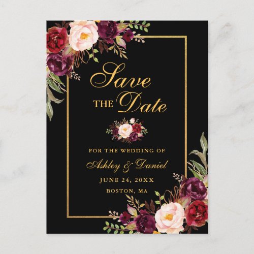 Elegant Burgundy Floral Save the Date Black Gold Announcement Postcard