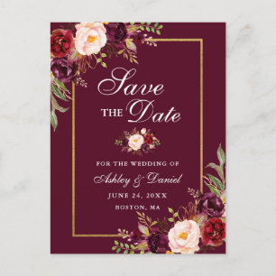 Elegant Burgundy Floral Save the Date Gold Announcement Postcard