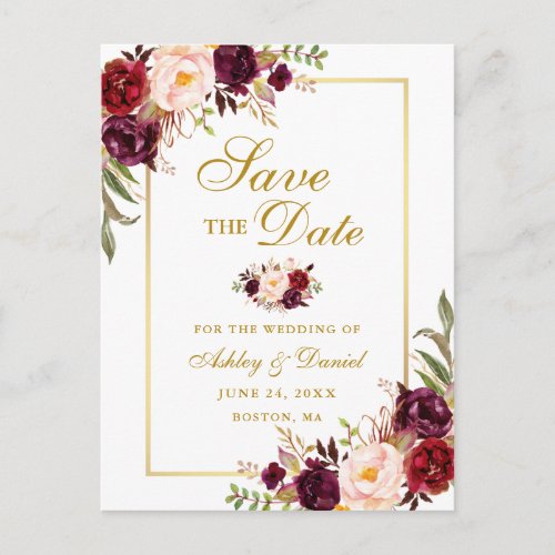 Elegant Burgundy Floral Save the Date Gold Announcement Postcard