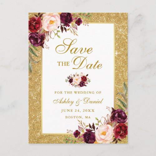 Elegant Burgundy Floral Save the Date Gold Glitter Announcement Postcard